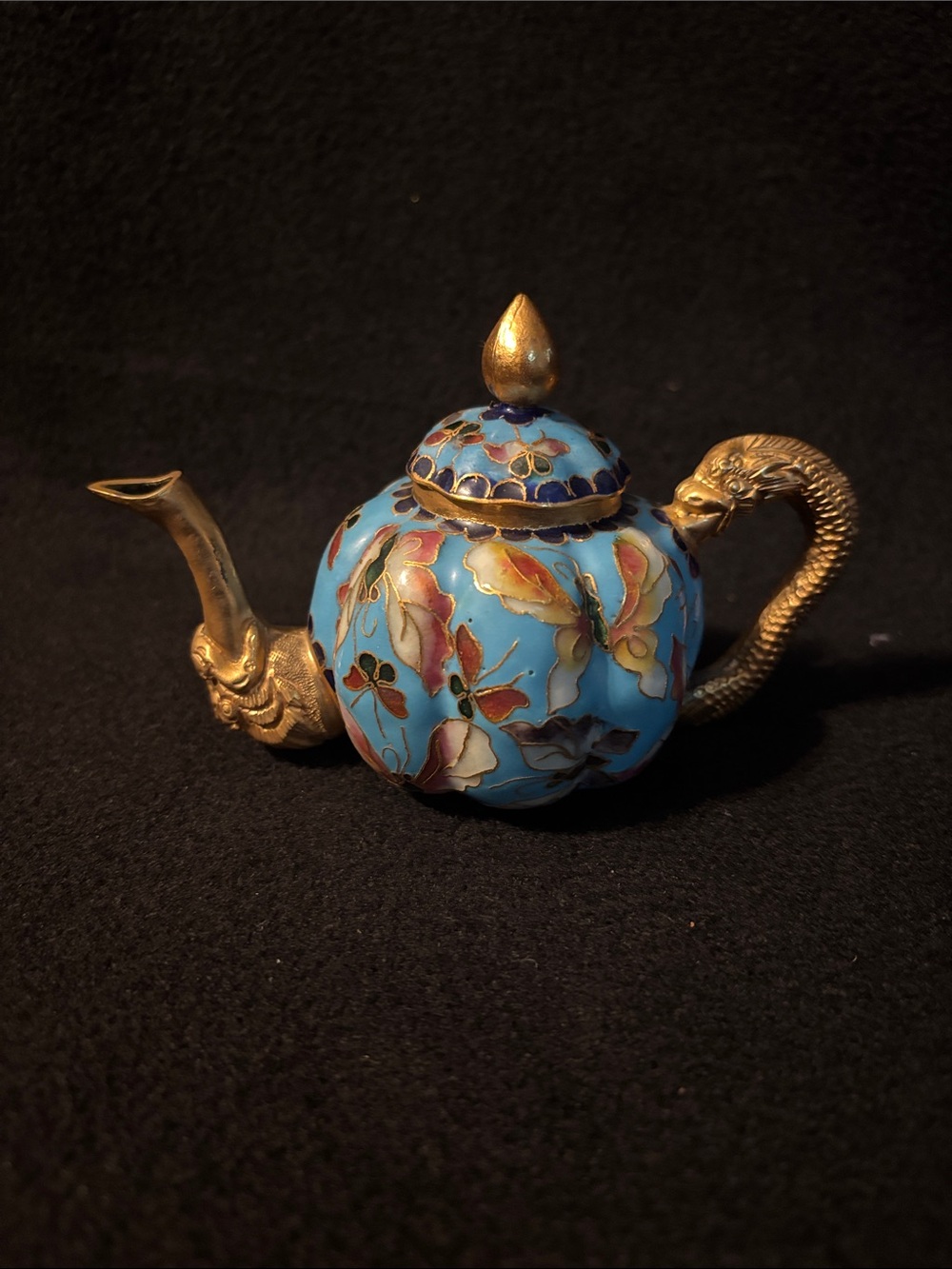 Rare Vintage Cloisonné Small Teapot from China Butterfly Design Dragon Handle